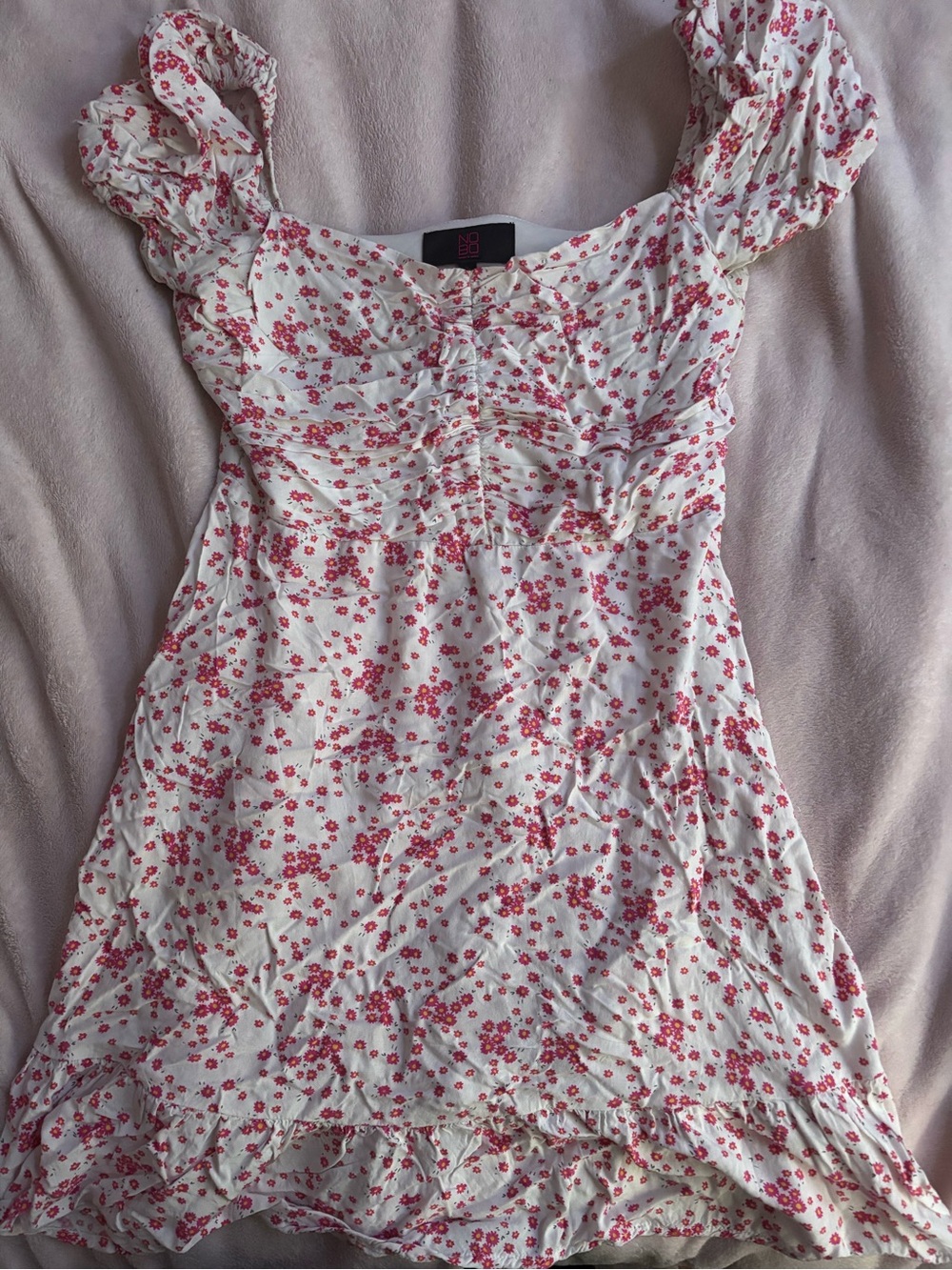NOBO White Mini Dress with Pink Floral Print and Ruffles